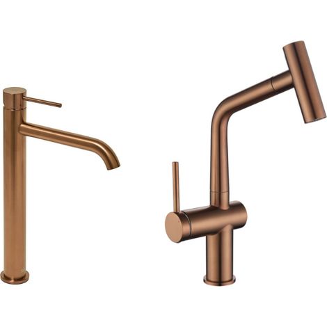 Aurum set mitigeur lavabo + mitigeur cuisine Ceramia Timeless acier inoxydable, douchette extractible, or rose (SATBA285BCRG) (1/5)