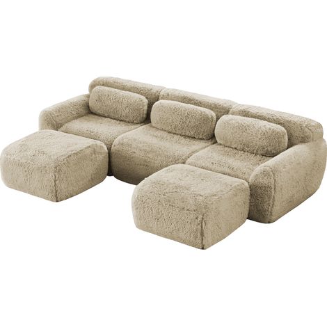 U-förmiges modulares Sofa, Plüschstoff, keine Montage, rutschfester Boden, mit Kissen. Ergonomische Unterstützung, hochelastischer Schaumstoff, geeignet für Wohnzimmer, Schlafzimmer, Hellkhaki (1/5)