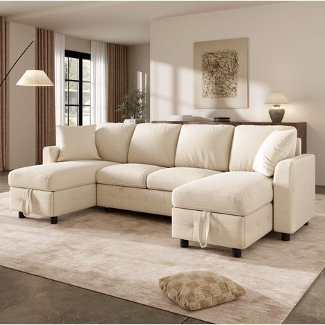 Sofá cama en U 260×128×82 cm beige de chenilla, con 2 almacenajes y puertos USB/Type-C (1/5)