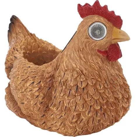 Pot de fleurs en résine en forme de poule, avec éclairage solaire automatique pour jardin extérieur (marron) (1/3)