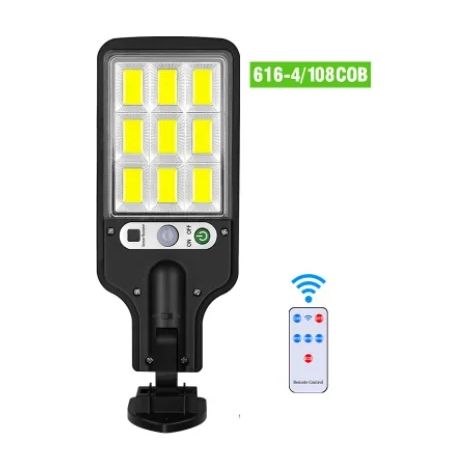 (108COB) Nouvelle lampe solaire extérieure 55 LED avec détecteur de mouvement, télécommande et éclairage mural/de rue étanche. (1/5)