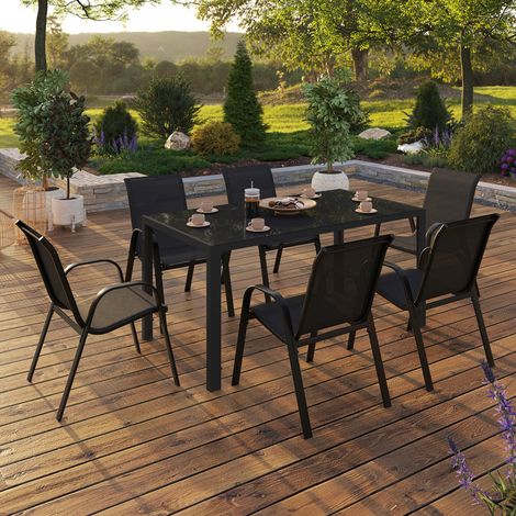 Conjunto de muebles de jardín MADRID mesa 150 CM y 6 sillas apilables negro