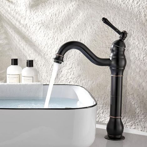 Rubinetto da bagno alto kisimixer, miscelatore girevole a 360°, rubinetto da bagno classico retrò, miscelatore per lavabo in ottone, nero (1/5)