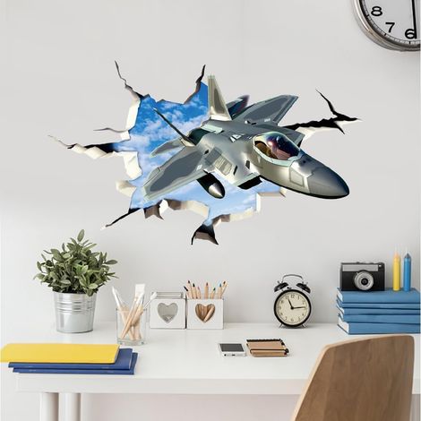 3D Stickers Muraux Fighter Jet Plane 3D Sticker Mural Air Force Peel And Stick PVC Aquarelle Art Décor Garçons Chambre D'Enfants Salon Chambre D'Enfant Autocollants Décoratifs (1/5)