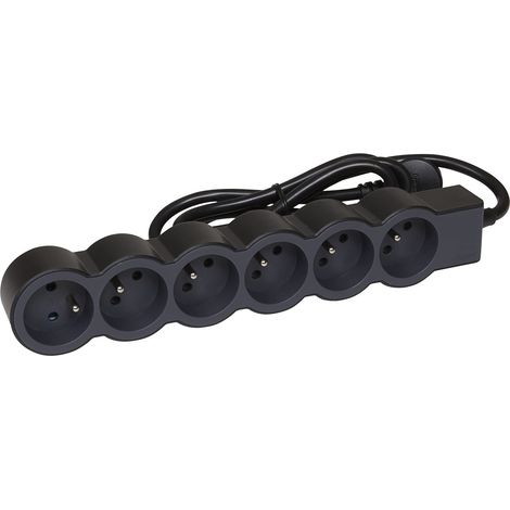 Rallonge Multiprise Extra-Plate, 6 Prises 2P+T Dont 1 À 90°, Cordon 1,5m Noir Et Gris Foncé, Puissance Maximale 3680W Pour Usage Intérieur