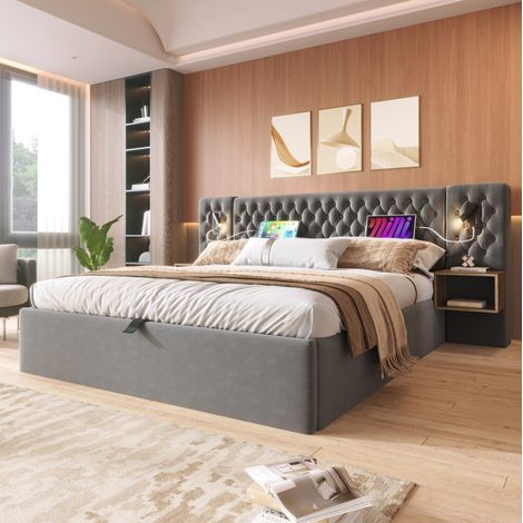 MODFU – Lit adulte 180x200 cm velours – Coffre hydraulique, 2 chevets et lampes USB Type-C – Charge 226 kg, 3 colis – Chambre – Gris (1/5)