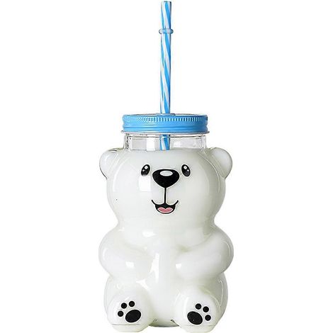 Gobelet en verre avec paille et motif ours mignon, 550 ml, avec couvercle et paille (couleur de la paille aléatoire), adorable motif ours, parfait pour contenir des boissons, ours souriant. (1/5)