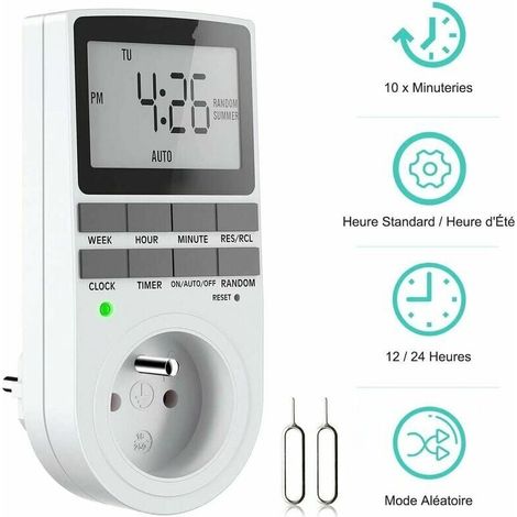 Minuterie numérique hebdomadaire programmable avec écran LCD (12 h/24 h/7 j) pour appareils électroménagers et éclairage (1 pack)