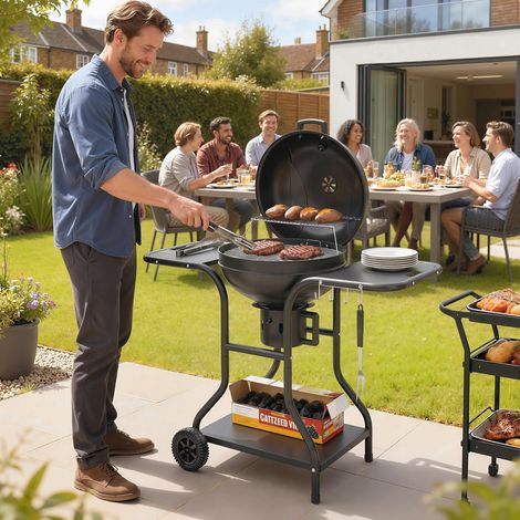 Barbecue fumoir à charbon de bois avec tablettes latérales, couvercle, thermomètre et roulettes, 129 x 63,5 x 106,5 cm