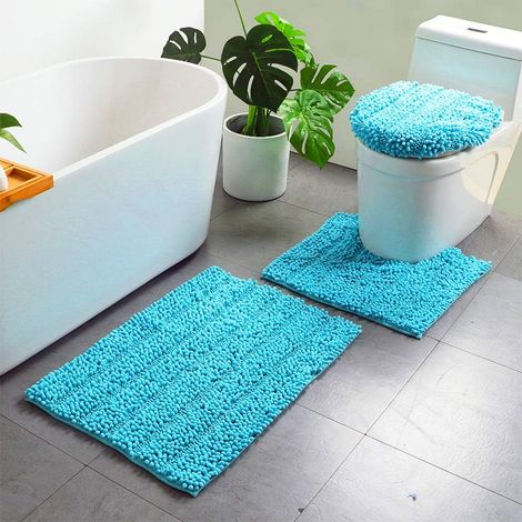 Set of 3 chenille bath mats, soft, non-slip, rectangular, absorbent, durable long pile for bathtub, shower, bathroom, toilet (blue, set of 3) (1/5)
