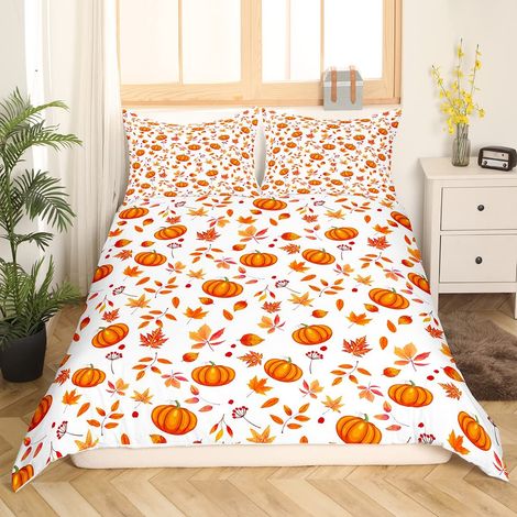 Parure de lit citrouille 135 x 200 cm - Motif fleurs d'automne et feuilles d'érable - Cadeau de Thanksgiving - Housse de couette pour enfants garçons filles automne décoration de chambre (1/5)