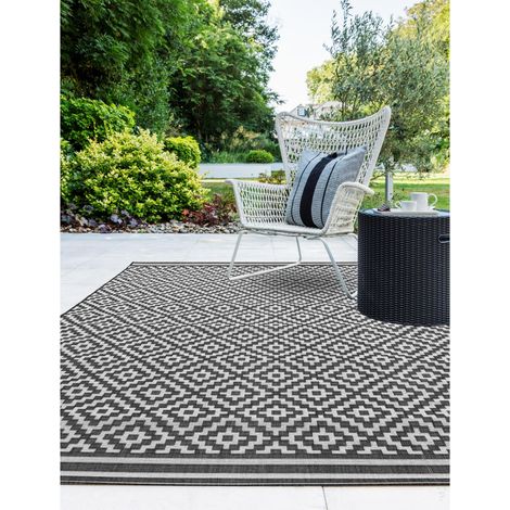 Patio Diamond Flatweave Garden Kitchen Indoor Outdoor Mono Black Rug Floor Mat Large 160 x 230 cm (5'3"x7'7") (1/4)