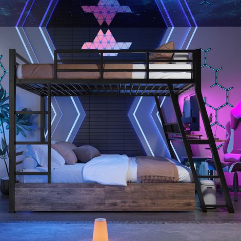Letto a soppalco 140x200 cm in ferro con LED, cassetti, scrivania e scala, colore nero senza materasso (1/5)