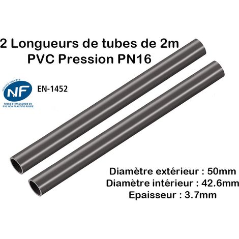 Lot de 2 Barres de Tuyau Rigide Tube PVC Pression PN16 50mm : Longueur 2m