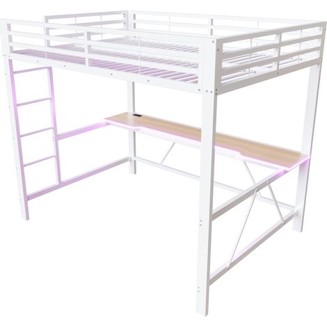 Metall-Hochbett Gaming 140 x 200 cm weiß mit Schreibtisch, LED und USB (1/5)