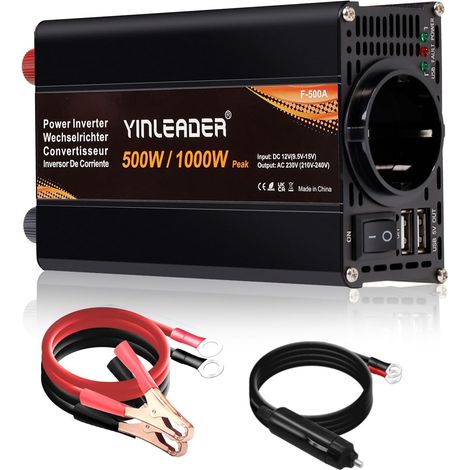 500W /1000W Convertisseur 12V 220V 230V, Onduleur Voiture Transformateur de Tension avec 1 Prise Secteur et 2 USB, Adaptateur pour Auto, Camping-Car, Voyage (1/5)