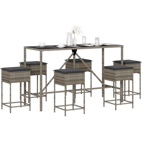 7-tlg. Gartenbar-Set mit Kissen Grau Poly Rattan