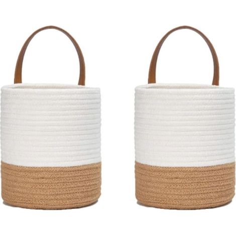 2 Paniers à Plantes Tissés en Corde de Coton, Ensemble de Panier Mural Tissé Suspendu, Corde de Coton Panier, pour Pot de Fleurs Coton Stand Home Decor Blanc + Jute (1/5)