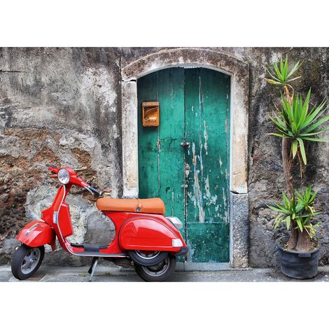 Tableau été vespa en italie | Tableau scooter rouge fond gris idéal chambre adulte | Tableau sur toile déco moderne salon 0,7 x 0,5 m (1/2)