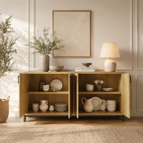 Buffet 160x 35x80cm avec 4 portes,meuble de cuisine avec étagères réglables,armoires de cuisine,style style antique,pieds en métal,pour la salle à manger,salon et cuisine,Bois,Naturelle