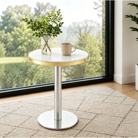 Tavolino rotondo 60 x 73,7 cm effetto marmo bianco, bordo dorato, MDF e metallo HAVRYA (1/5)