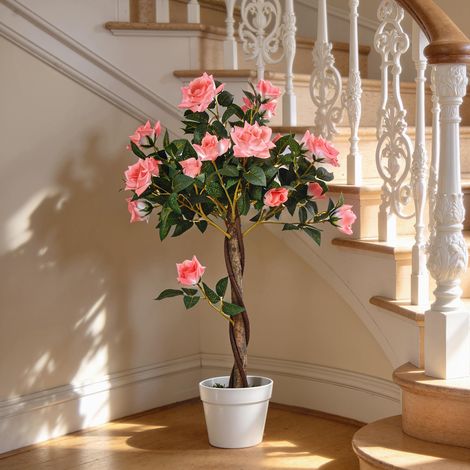 Plante de rose artificielle à 21 fleurs avec pot rempli de ciment et de mousse, Ø18x90 cm, rose (1/5)