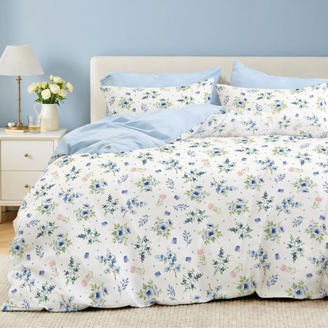Housse de Couette 240x260 Adulte Fleurs Bleu Rose Parure de Lit (1/5)