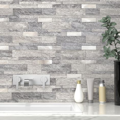 Dosseret en dalles de cuisine à peler et coller - Mosaïque linéaire en pierre pour carrelage métro salle de bains et douche - Imperméable (5 pièces, Gris) (1/5)