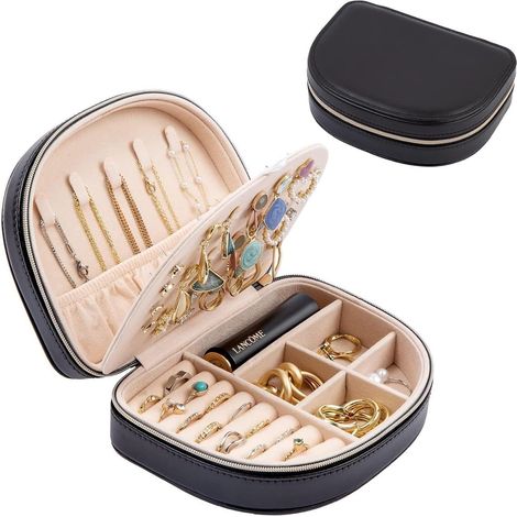 Boîte à Bijoux Voyage Double Couche, Sac de Rangement Bijoux Portable en PU Cuir, pour Bagues, Boucles d'oreilles, Petits Colliers -Noir (1/5)