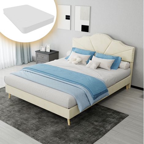 Letto matrimoniale moderno in tessuto beige 140x200 cm con testiera imbottita geometrica e materasso incluso (1/5)