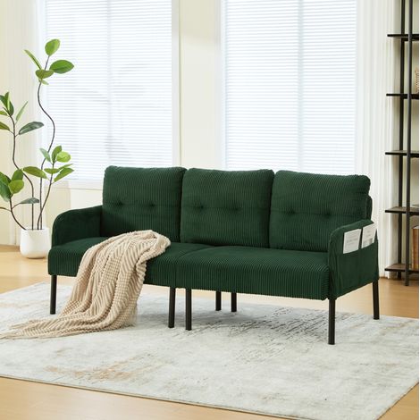 Canapé 3 places en velours côtelé vert émeraude 171 x 72 x 80 cm avec poche latérale (1/5)