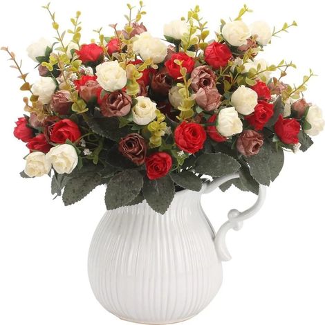 Bouquet de fleurs artificielles avec roses synthétiques, 7 tiges, 21 fleurs, fleurs en soie, idéal en déco, lot de 2, rouge café (1/4)