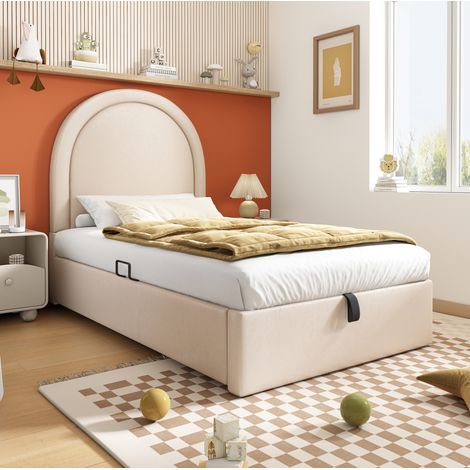 Letto imbottito per bambini 90x200 cm beige in PU con materasso H3, vano contenitore e motivo spaziale (1/5)