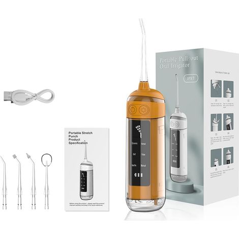 Douche buccale 6 modes - Irrigateur buccal portable, étanche IPX7, fil dentaire inclus, brosse à dents avec 4 embouts, à domicile et en voyage, orange
