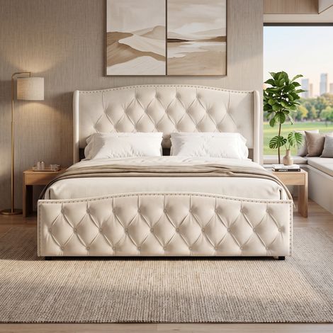 Superaly - Lit Double Coffre 140 x 200 cm - Rangement Hydraulique - Matelas Rembourré avec Décoration Rivetée - Sommier à Lattes - Style Classique - Velours Beige - Montage Facile (1/5)