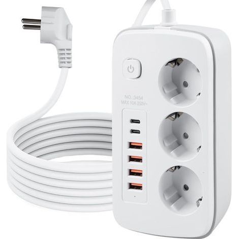 PA Multiprise escamotable à 3 Compartiments avec 4 Ports USB, Prise de Table avec 2 Ports USB C, Prise encastrable avec Interrupteur, pour Table de Bureau, câble de 2 m, Blanc (1/5)