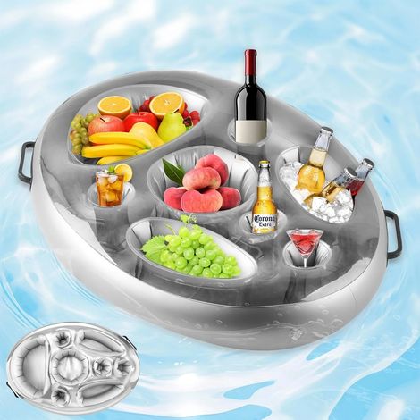 Porte-gobelets gonflable 2 en 1 pour piscine, plateau de bar flottant à 8 trous pour plage, sous-verre flottant grande capacité, plateau de service pour boissons en bouteille pour buffet de fête estiv (1/5)