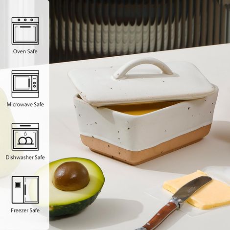 Mantequera de cerámica con tapa, mantequera europea vintage con tapa, mantequera cubierta y caja para mantequilla para cocinas (blanca, tamaño mediano). (1/4)