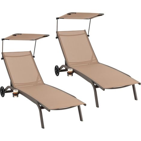 Lot de 2 Bain de Soleil Inclinable à Dossier 6 Niveaux, Transat Jardin Exterieur avec Roues, Auvent Réglable, Charge 150 KG (Marron,Style 1) (1/5)