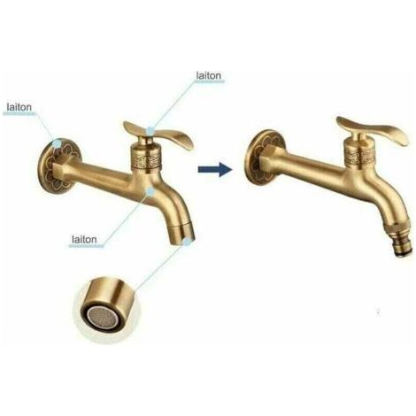 Robinet Antique en Laiton avec Poignée pour Salle de Bain, Montage Mural, Lave-Linge, Robinet Extérieur pour Jardin, Tuyau Simple, Robinet d'Eau Froide. (1/4)
