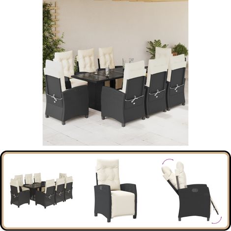 9-tlg. Garten-Essgruppe mit Kissen Schwarz Poly Rattan - Gartengestelle - Gartenmöbelset - Outdoor Möbel - Esstisch - Gartenstühle
