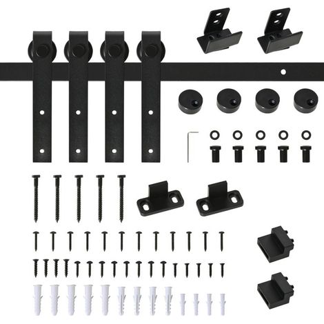 Ensemble complet porte coulissante 183 cm double, rail, guide sol, roulettes et quincaillerie acier carbone (1/5)