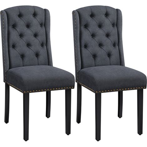 Yaheetech – Lot de 2 chaises de salle à manger en tissu effet lin – Rembourrées avec pieds en bois massif – Confort optimal 52,5 cm hauteur d'assise – Gris (1/5)
