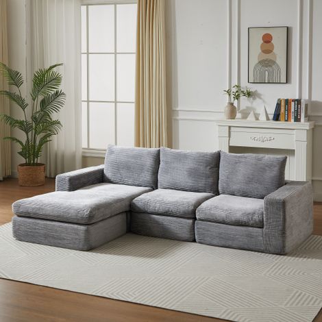 Canapé d’angle, canapé 3 places avec 3 coussins, en velours côtelé, gris clair
