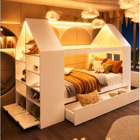 Cama infantil tipo casa (235x95x154.5 cm), con dos cajones, almacenaje lateral, iluminación LED, madera maciza, blanca (1/5)