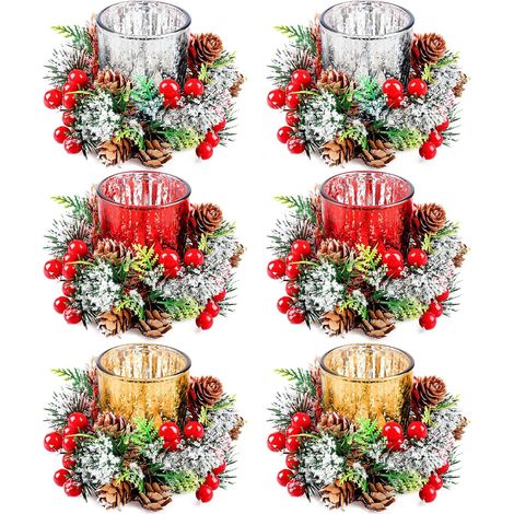 Sollbry Juego de 6 candelabros navideños con coronas, candelabro de cristal, candelabros navideños, coronas para velas navideñas, anillos para velas navideñas con bayas rojas y piñas, para bodas (1/5)