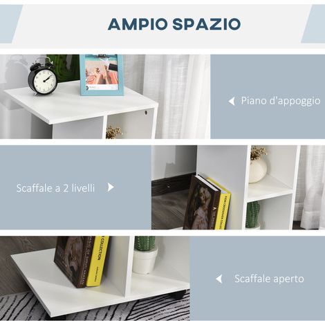 Table basse blanche MDF et PE, 45x35x58 cm, avec 2 plateaux ouverts, 4 roues pivotantes et forme en C. (1/5)