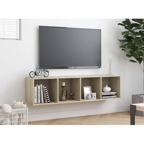Meuble TV suspendu 4 niches bois chêne clair Neone 143cm (1/4)