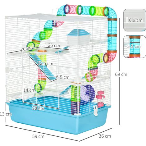 Cage à hamster à 5 niveaux avec tubes. maisonnette. réservoir d'eau et roue. 59 x 36 x 69 cm (1/5)