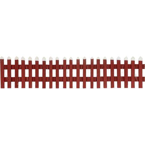 ECD Germany Deko Holz Zaun mit LED in Rot, 90x21 cm, batteriebetrieben, mit Timer, Mini Gartenzaun beleuchtet, Mini-Lattenzaun, Weihnachtsbaum-Zaun, Weinachtsdeko, Winter Gatter, Minigarten Dekoration